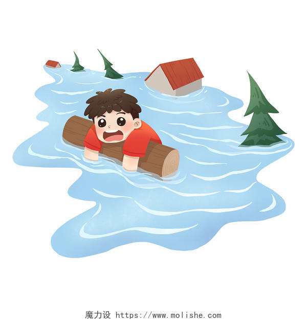 卡通人物抱着树桩漂浮在洪水水面上等待救援插画防汛